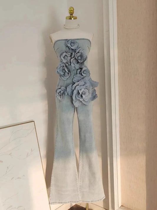 Women's Luxury Denim Floral Jumpsuit