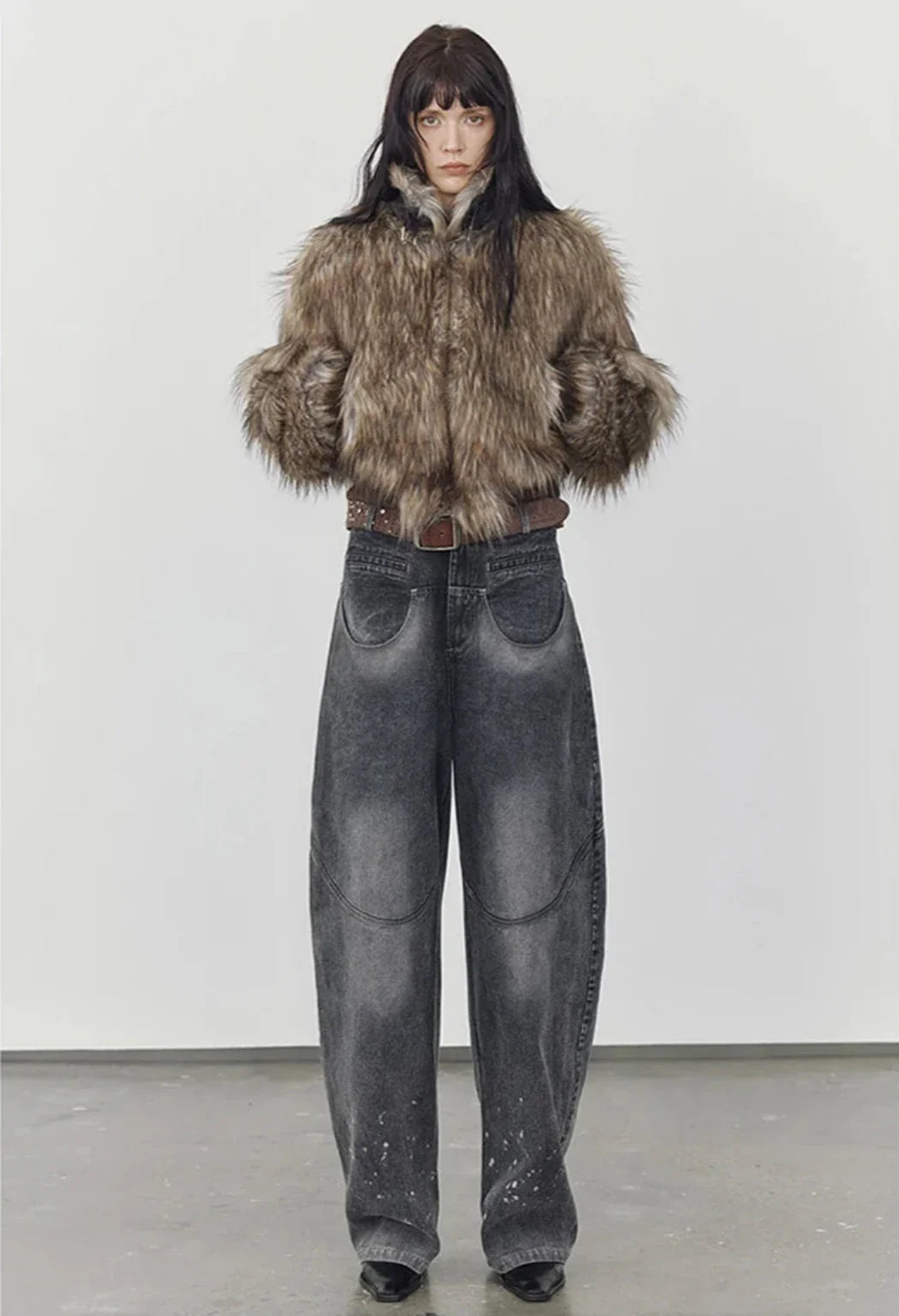 Women's Brown Shaggy Faux Fur Cropped Jacket