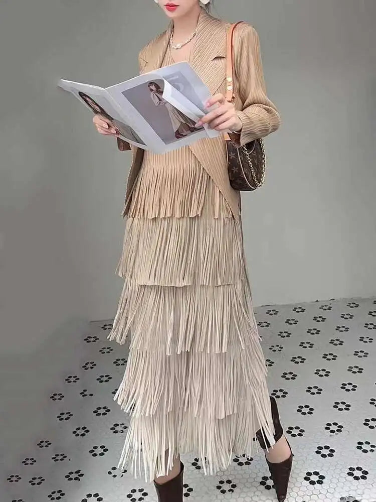 Pleated Fringe Ombre Dress Set