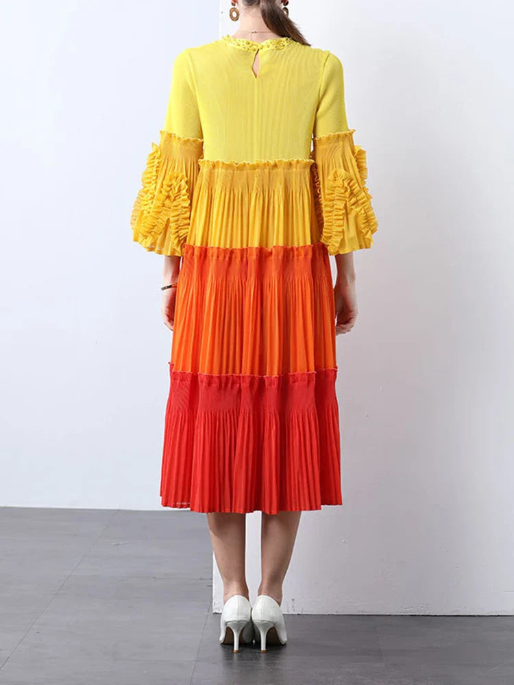 Ombre Pleated Dress - Ruffle Sleeve