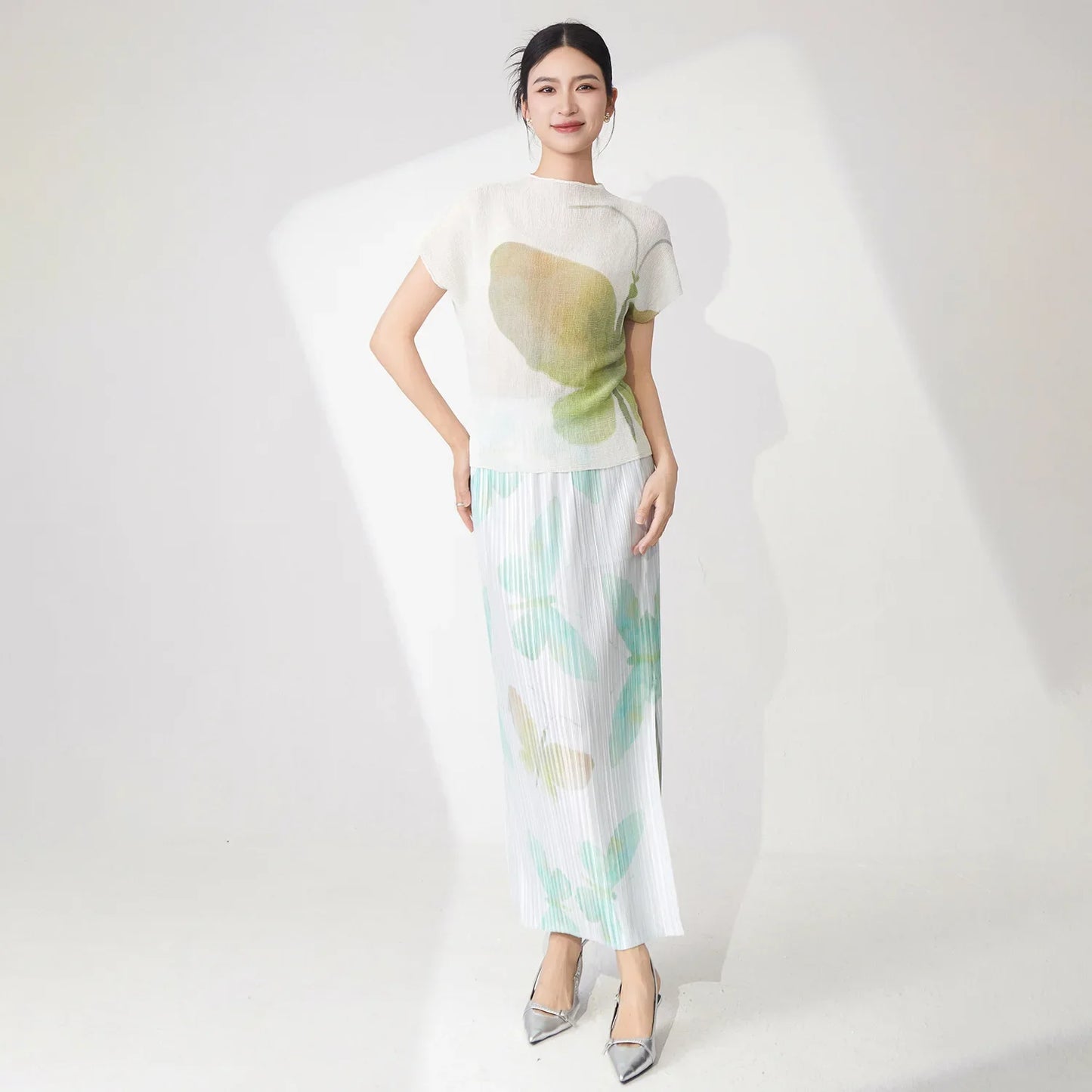 Butterfly Pleated Maxi Skirt & Top Set