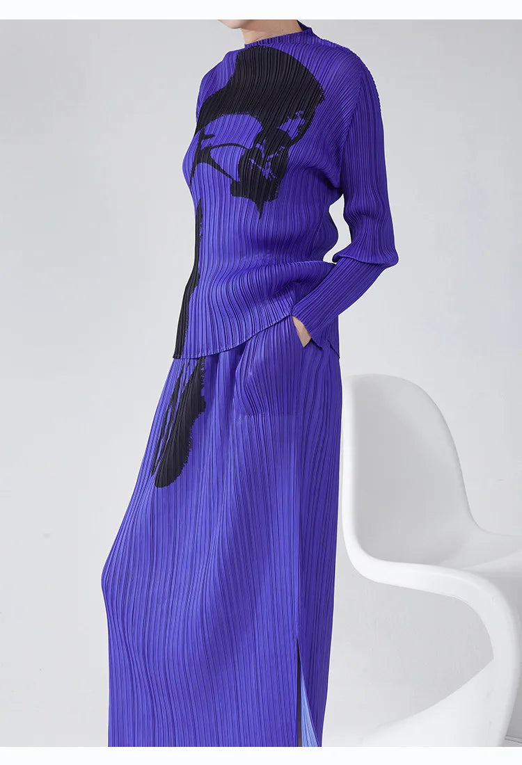 Plisse Pleated Long Sleeve Top & Pull-On Midi Skirt