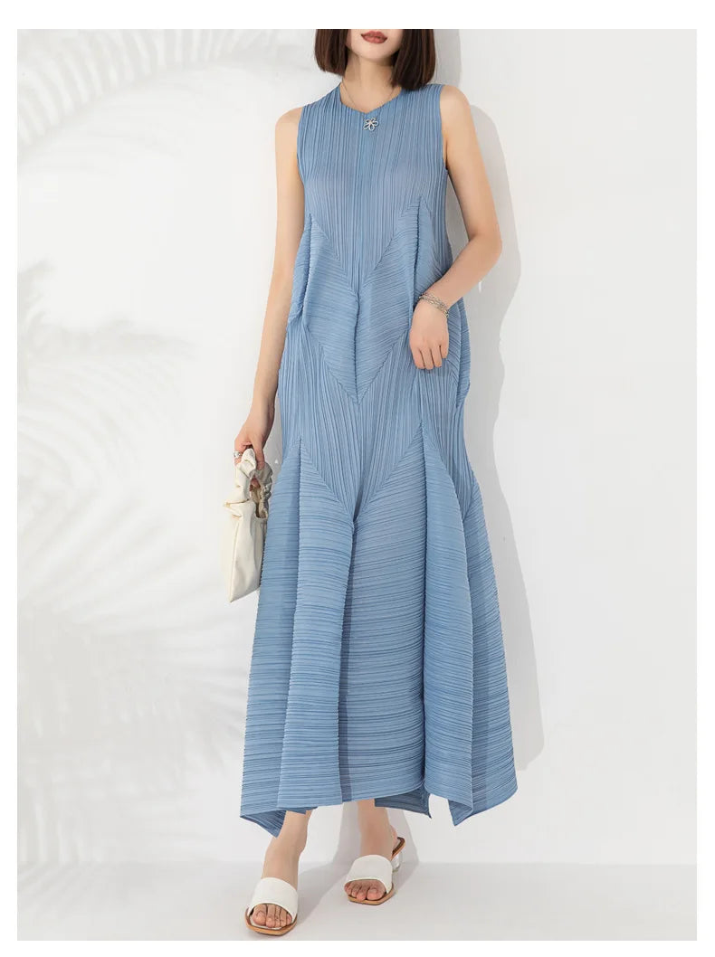 Japanese Pleated Midi Dress - Sleeveless