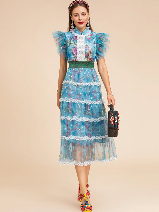 Blue Floral Midi Dress Ruffle Cap Sleeves