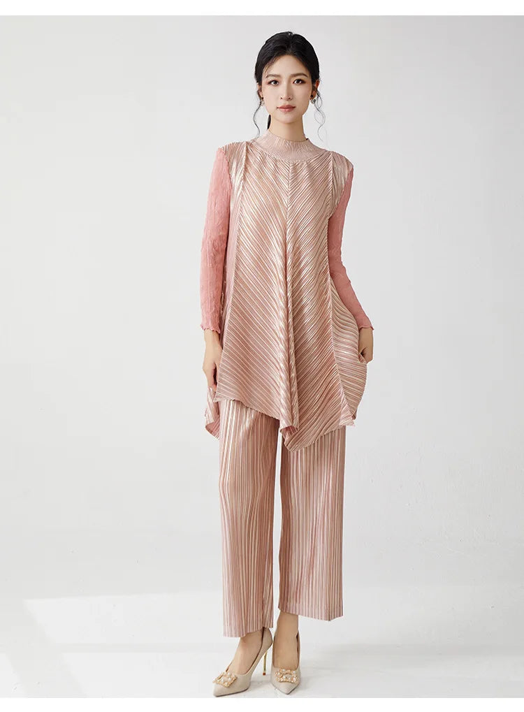 Metallic Pleated Tunic Top & Wide Leg Pants Set