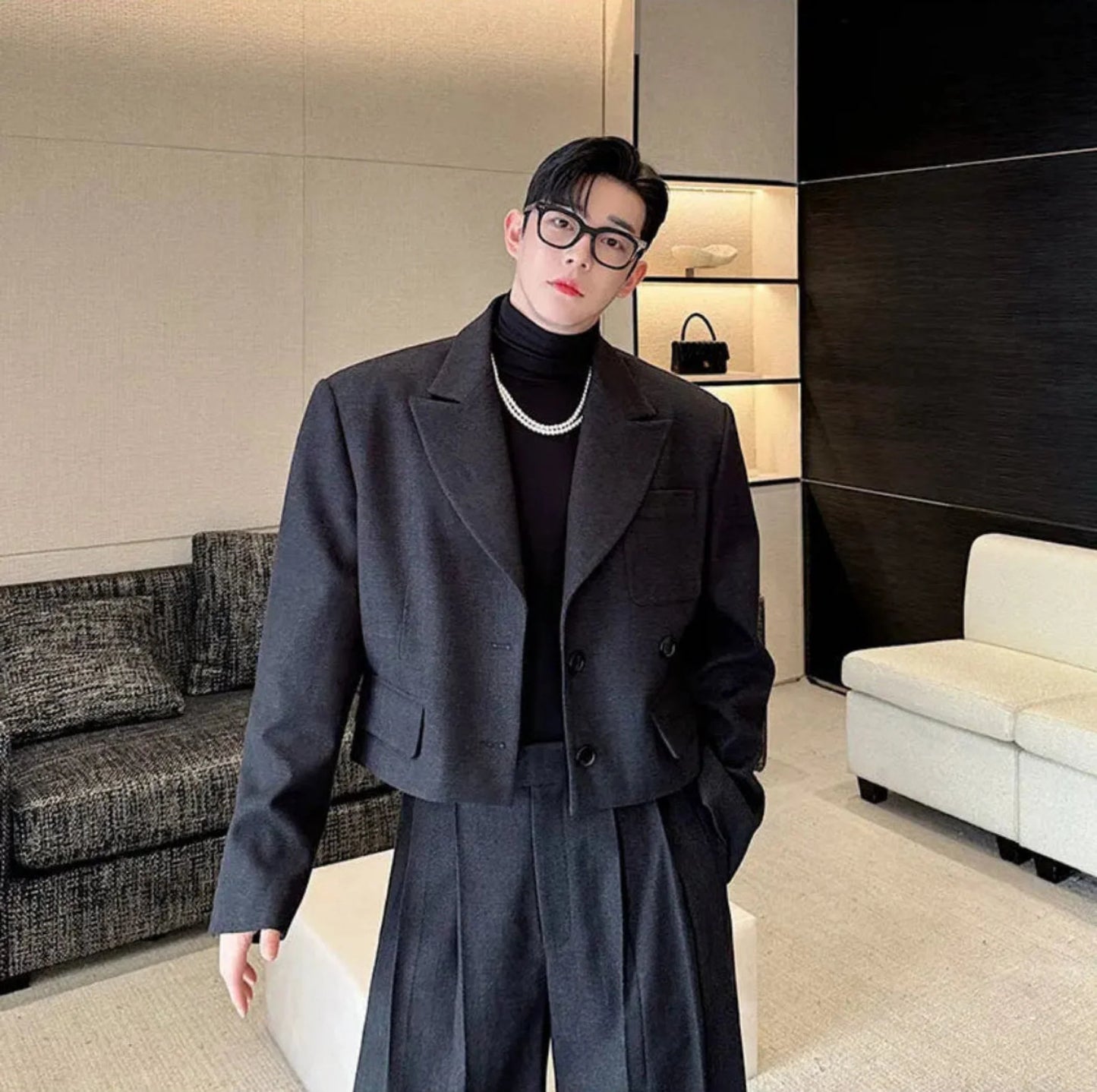 Men's Black Cropped Blazer with Trousers - 2 Piece