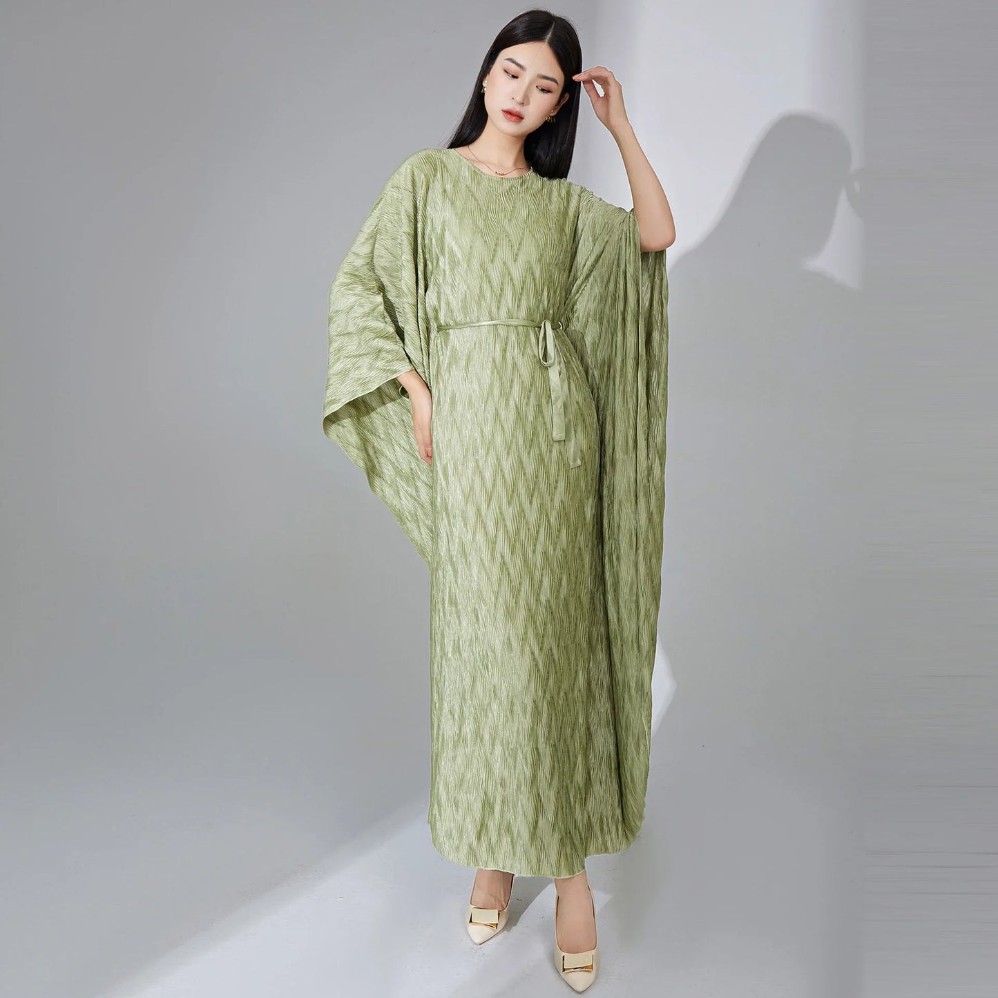 Truly Pleated Batwing Sleeve Couture Dress
