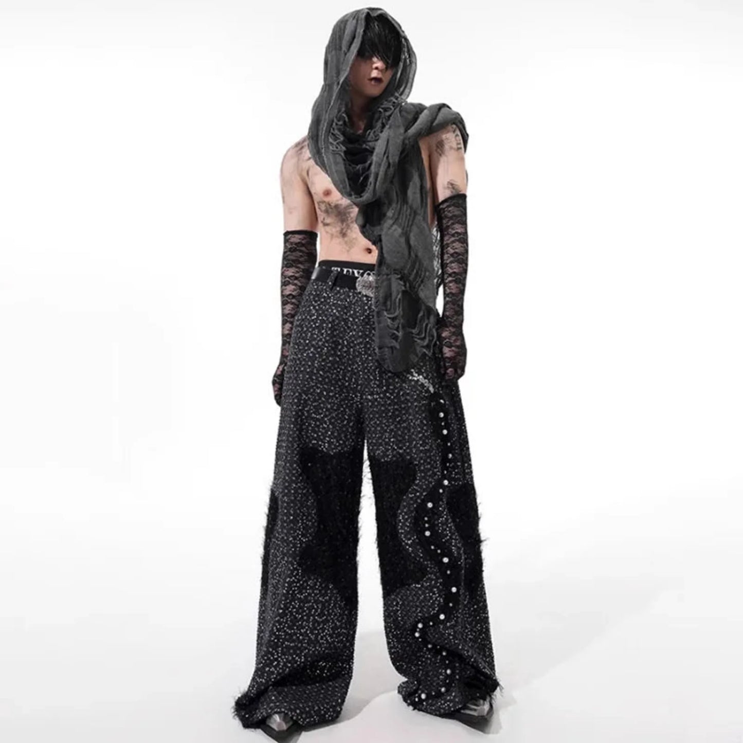 Men's Wool Blend Wide-Leg Beaded Trousers