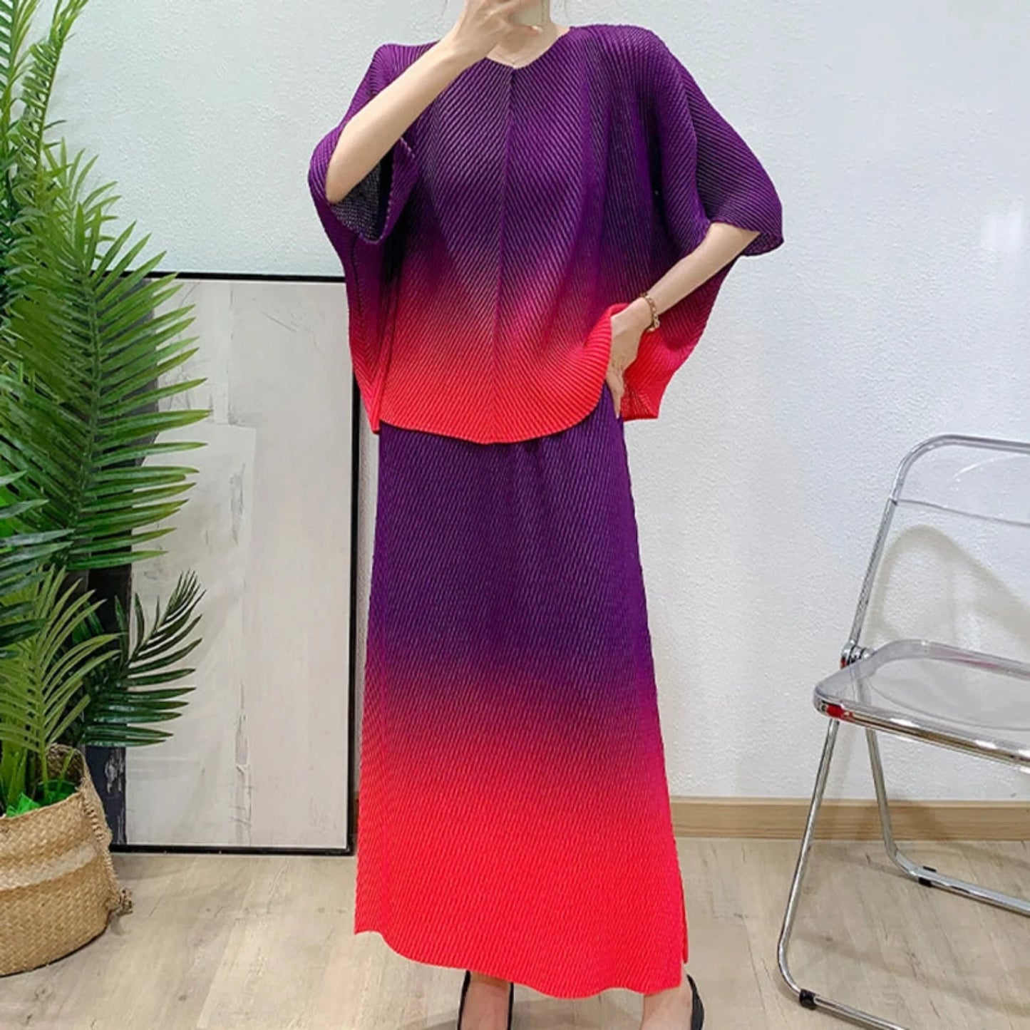 Ombré Pleated Midi Pull-On Skirt Co-Ord Set