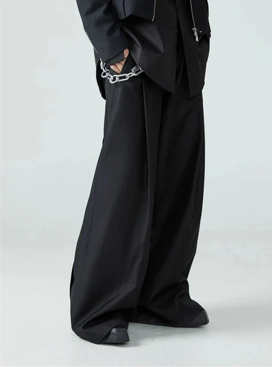 Men's Black High Streetwear Baggy Pleated Wide Leg Trousers