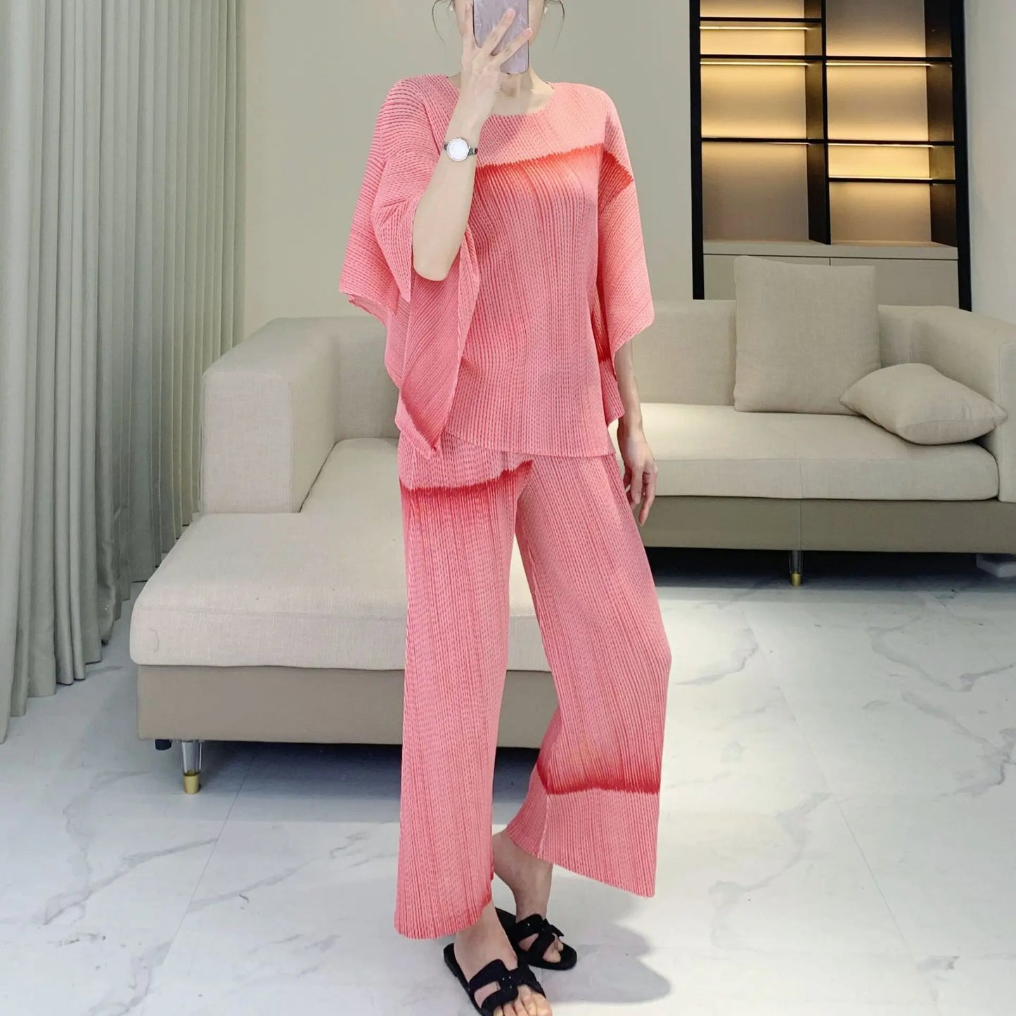 Luxe Japanese Pleats Pull-On Pants & Top Co-Ord Set