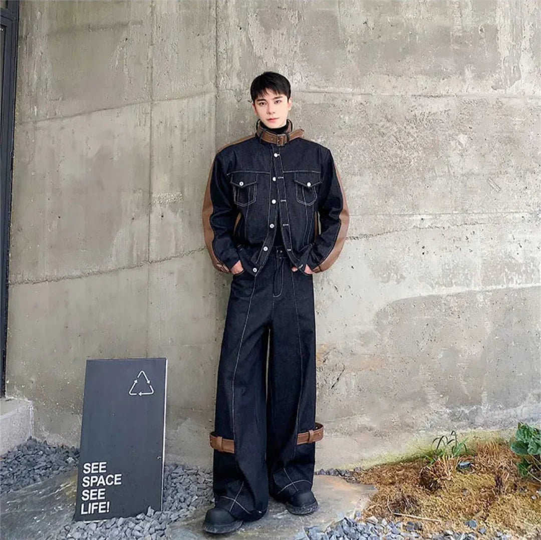 Men's Dark Denim Brown Leather 2-Piece Set