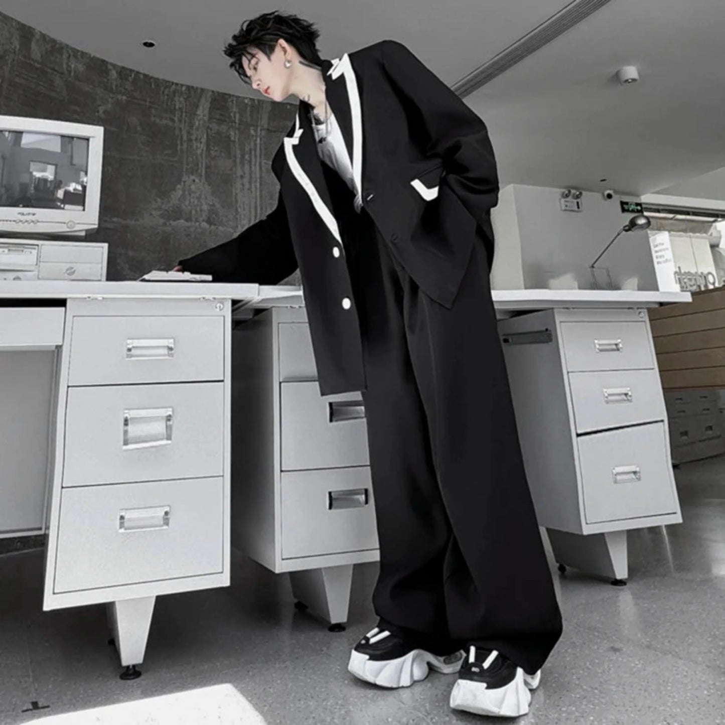 Men's Daily Baggy Blazer & Wide Leg Pants Suit Set