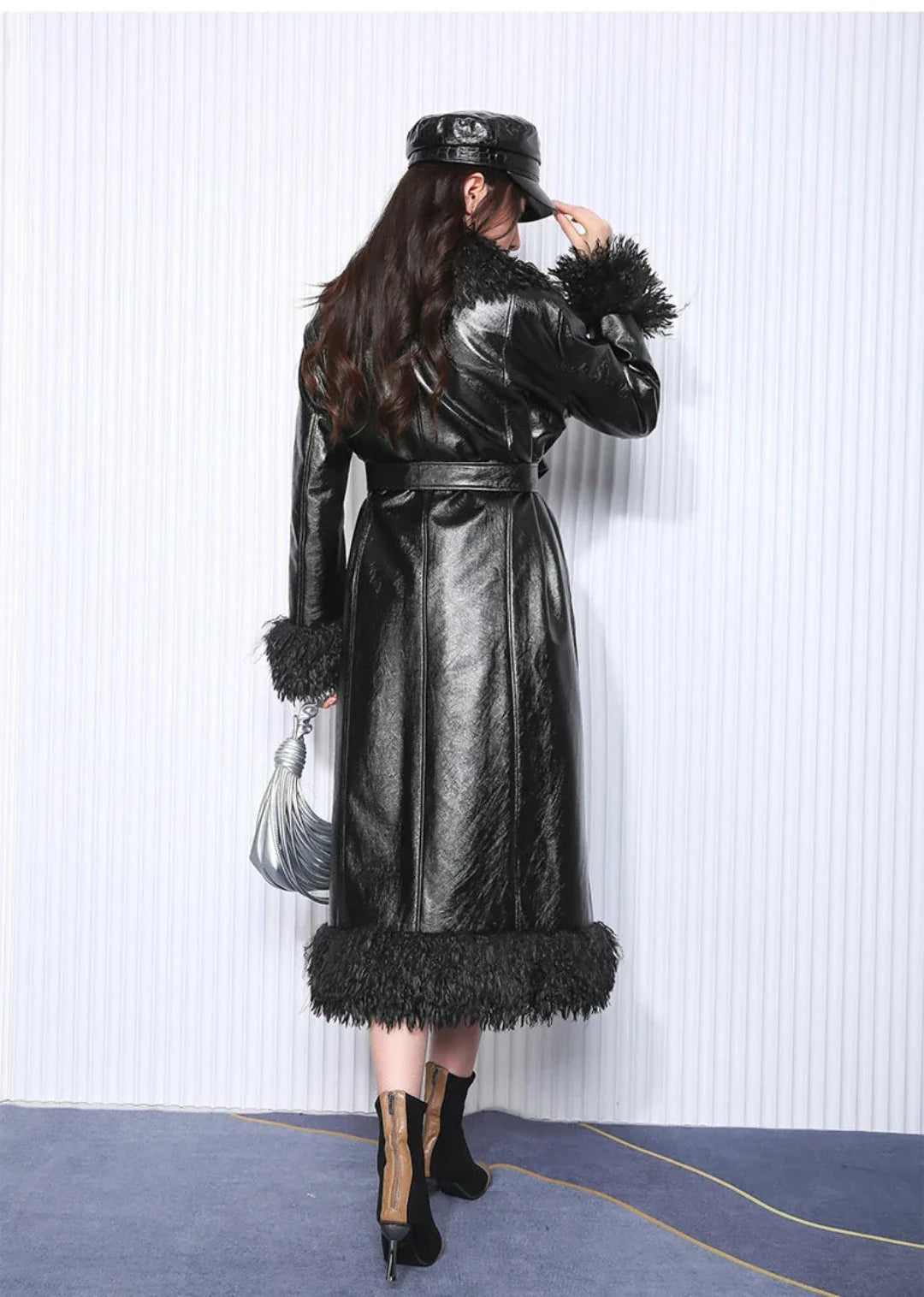 Couture Vegan Leather Trench with Shaggy Fur