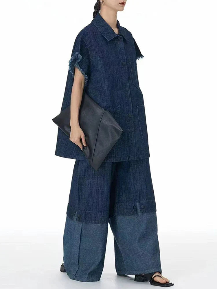 Cotton Denim Wide-Leg Pants with Elastic Waistband