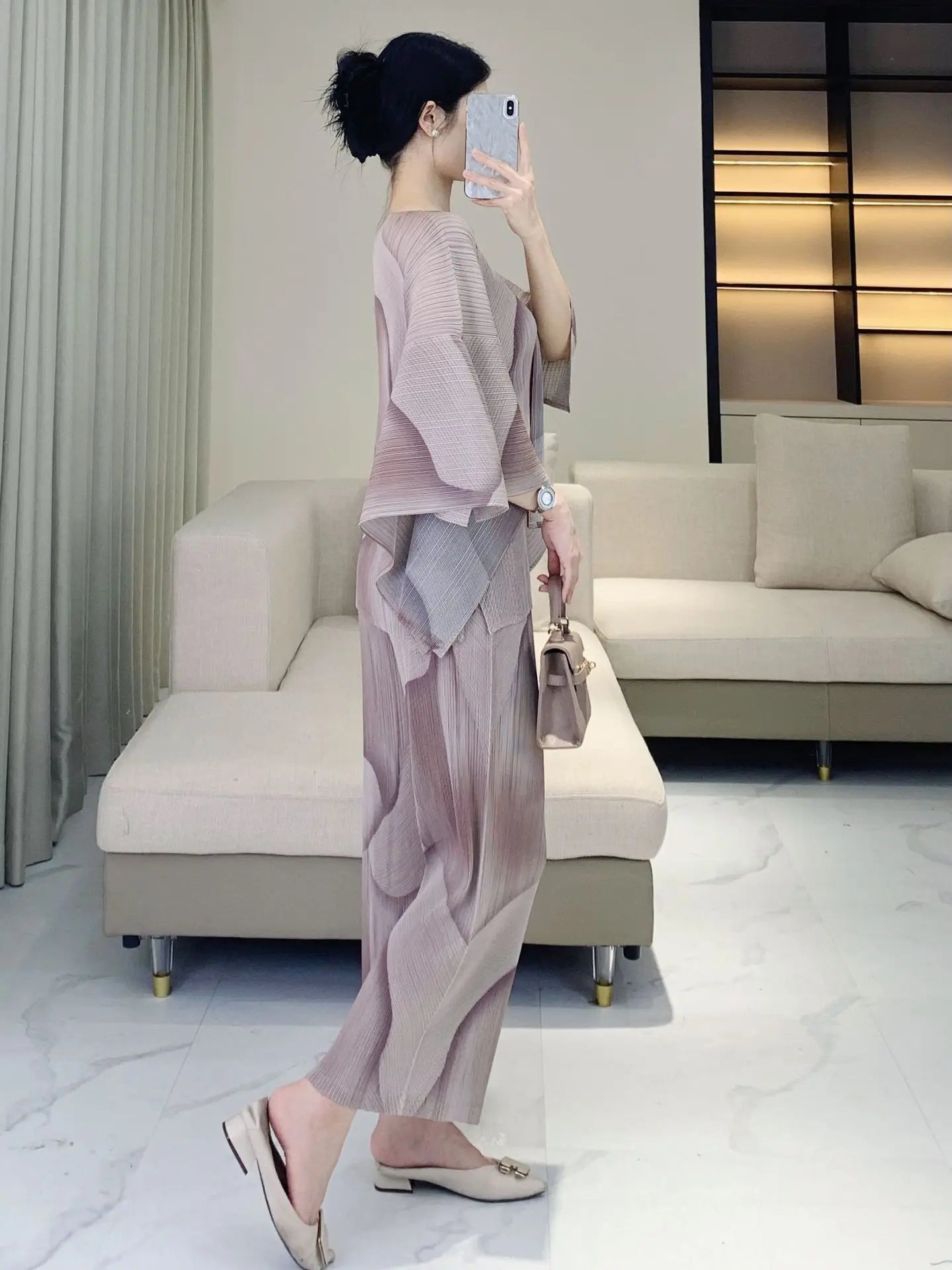 Luxe Japanese Pleats Pull-On Pants & Top Co-Ord Set