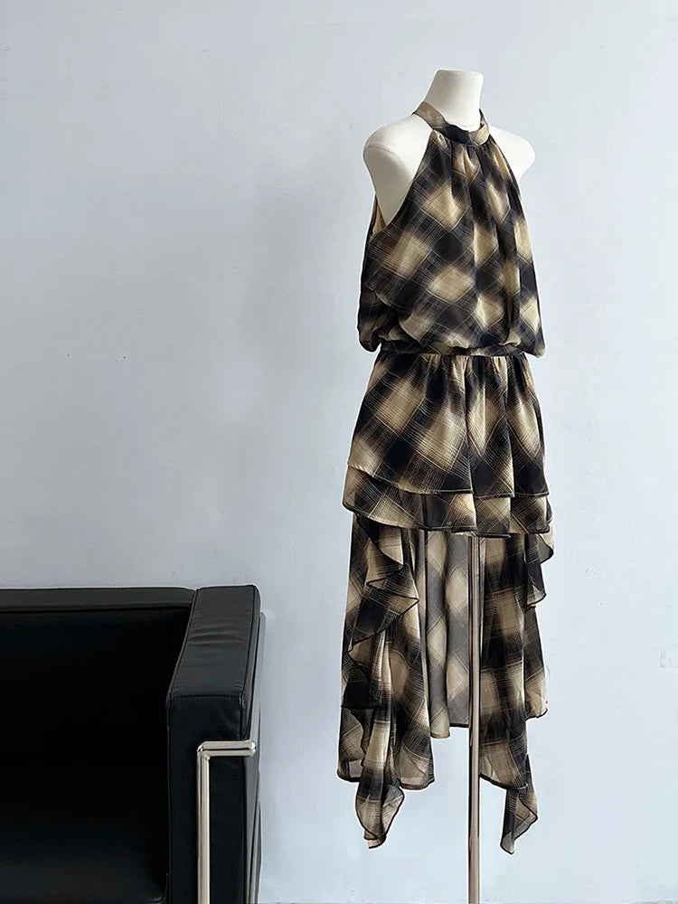 Plaid Asymmetric Halter High-Low Top