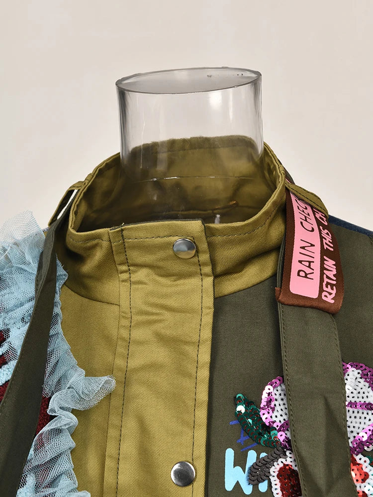 Luxe Patchwork Ruffled Bomber Jacket