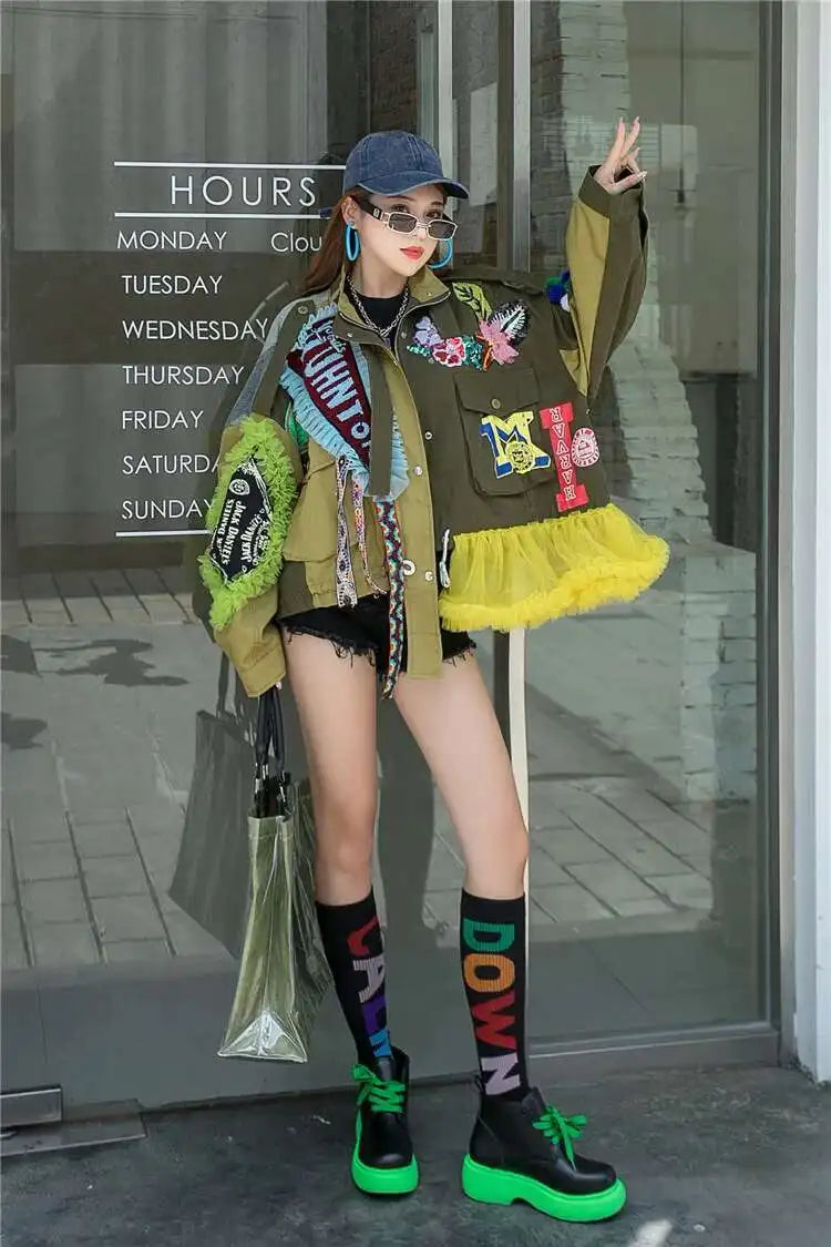 Luxe Patchwork Ruffled Bomber Jacket