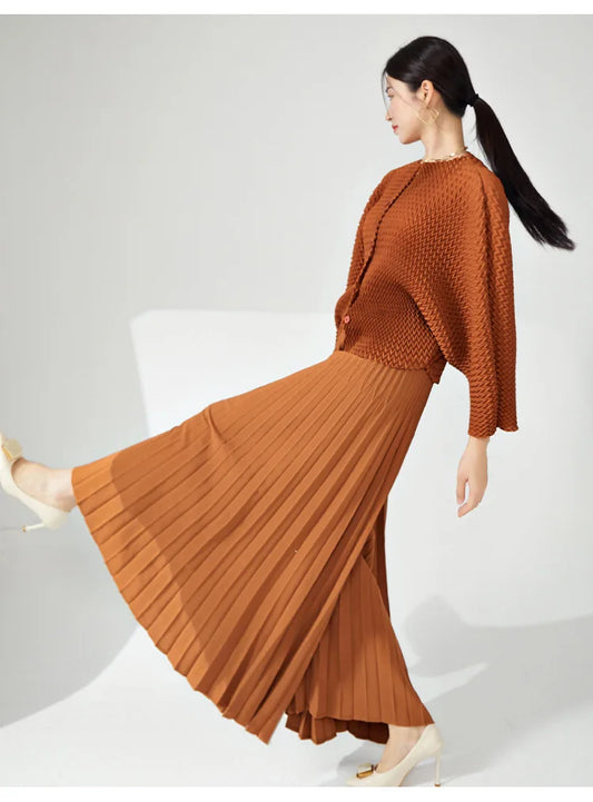 Genuine Pleated Wide Leg Pants & Cardigan Set
