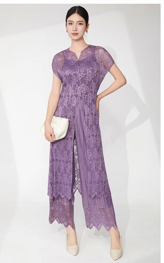 Lace Pleated Pant Suit 2-Piece Set