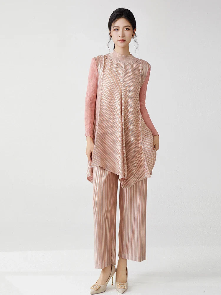 Metallic Pleated Tunic Top & Wide Leg Pants Set