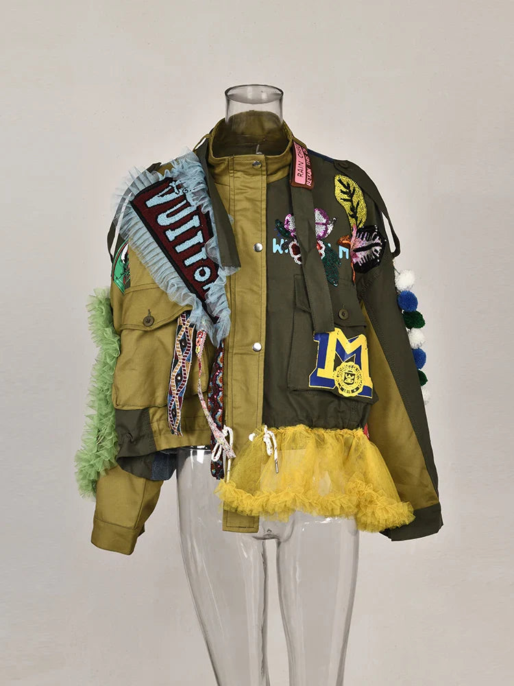 Luxe Patchwork Ruffled Bomber Jacket