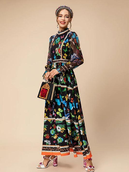 Boho Butterfly & Floral Midi Sheer Sleeves Dress