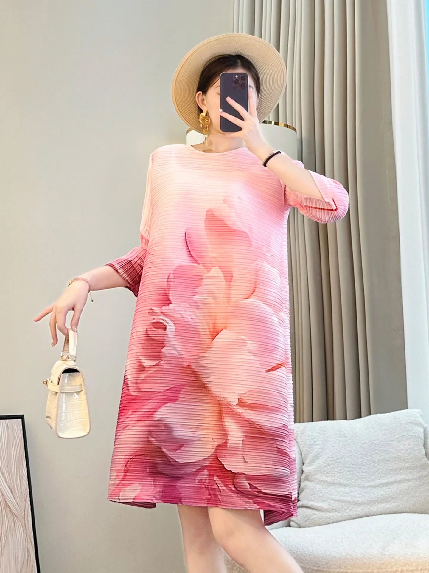 Luxury Pleated Floral Midi Dress