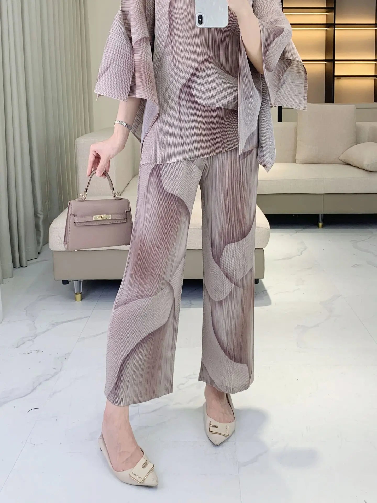 Luxe Japanese Pleats Pull-On Pants & Top Co-Ord Set