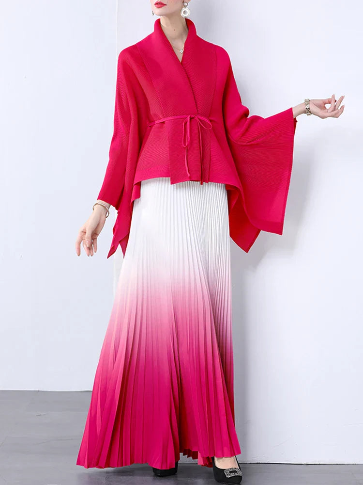 100% Real Pleated 2-Piece Long Skirt Set