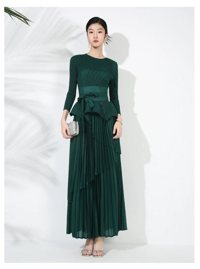 Maxi Skirt Set with Pleated Long Sleeve Top