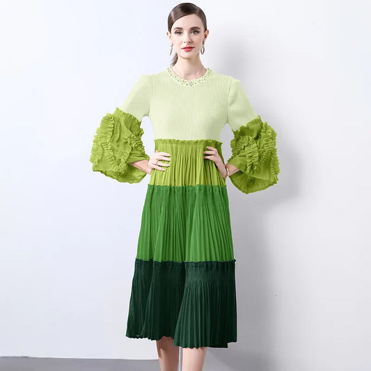 Ombre Pleated Dress - Ruffle Sleeve