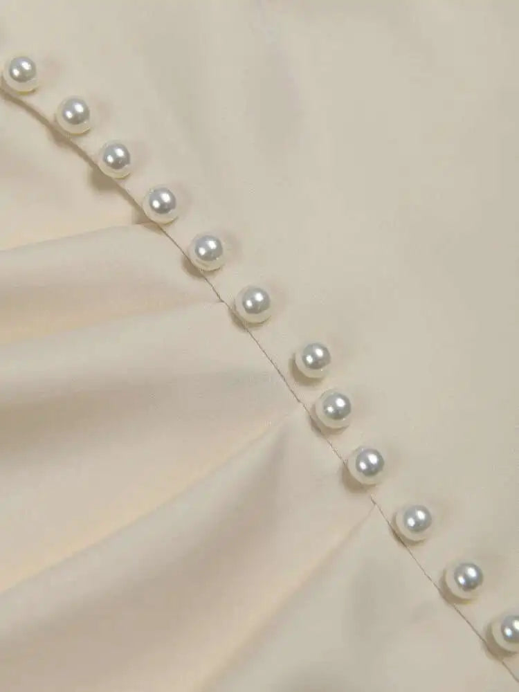 Cream Satin Midi Dress with Pearls