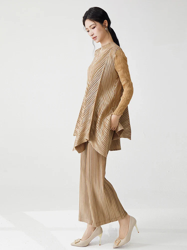 Metallic Pleated Tunic Top & Wide Leg Pants Set