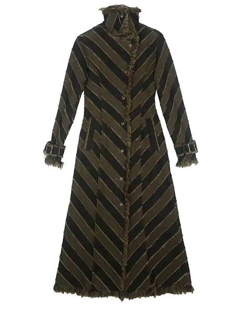 Striped Rustic Denim Trench Coat
