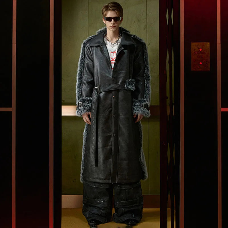 Men's Luxury Faux Leather Fur Extra Long Coat