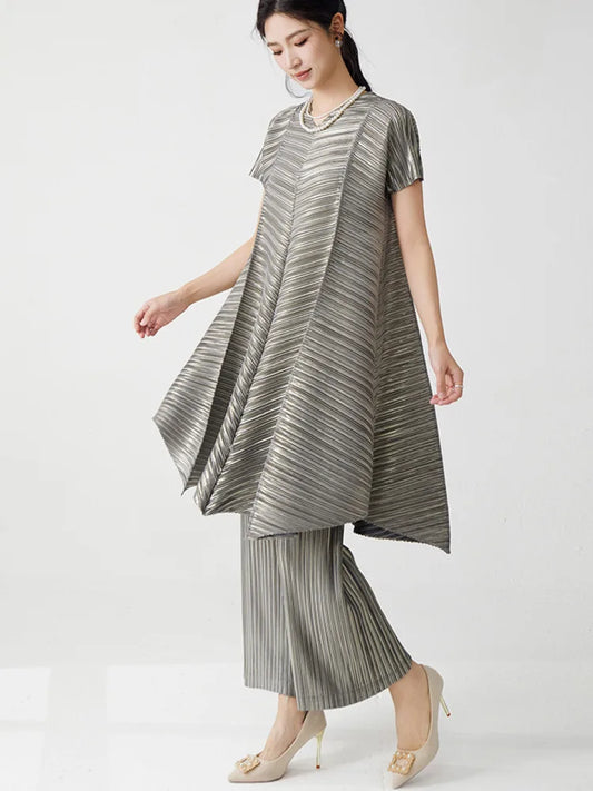 Gold Flowy Pleated Pant & Top Set