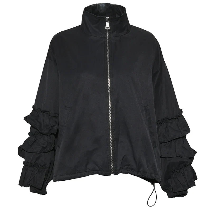 Women's Luxe Black Oversized Ruffled Jacket