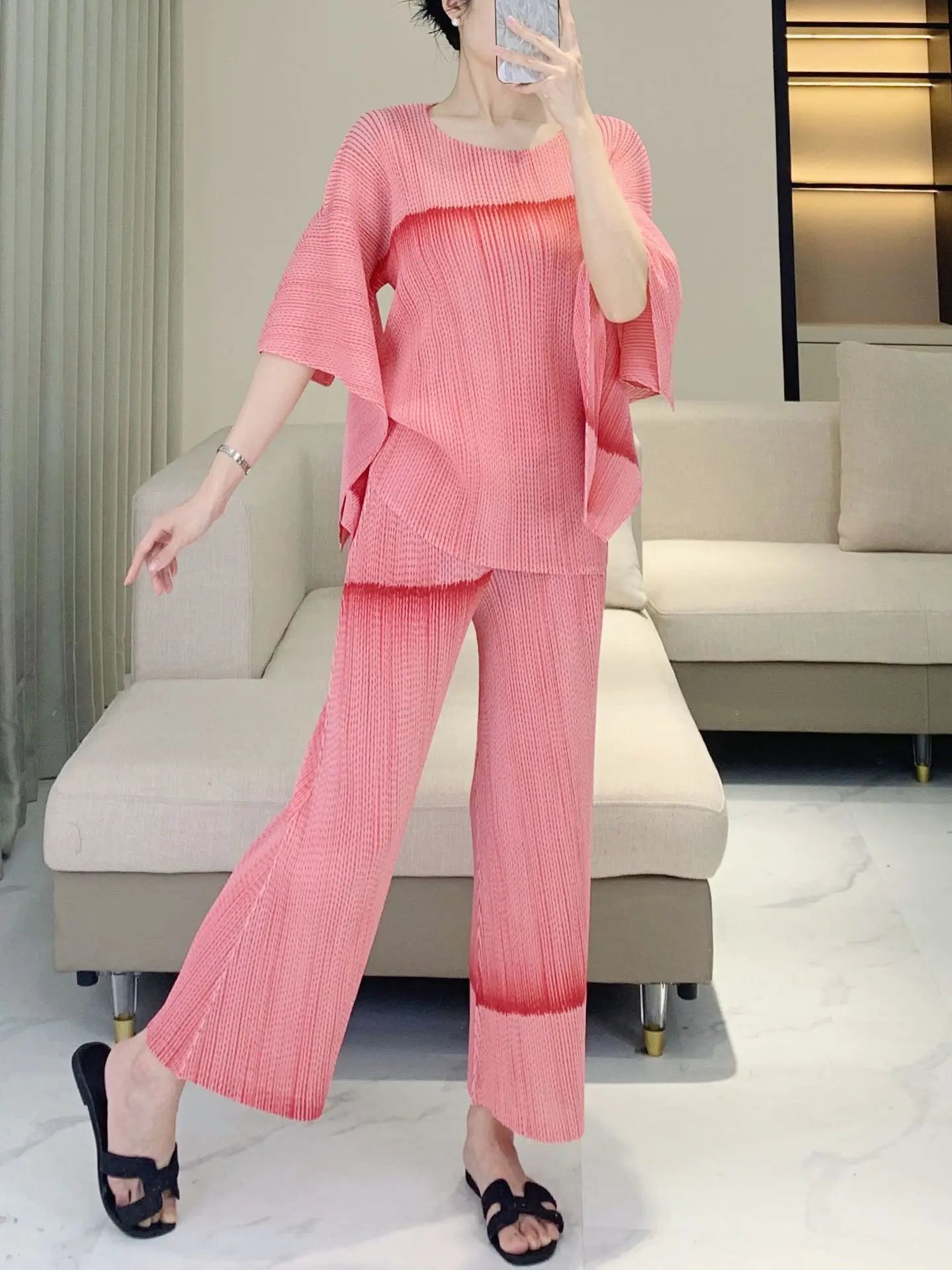 Luxe Japanese Pleats Pull-On Pants & Top Co-Ord Set