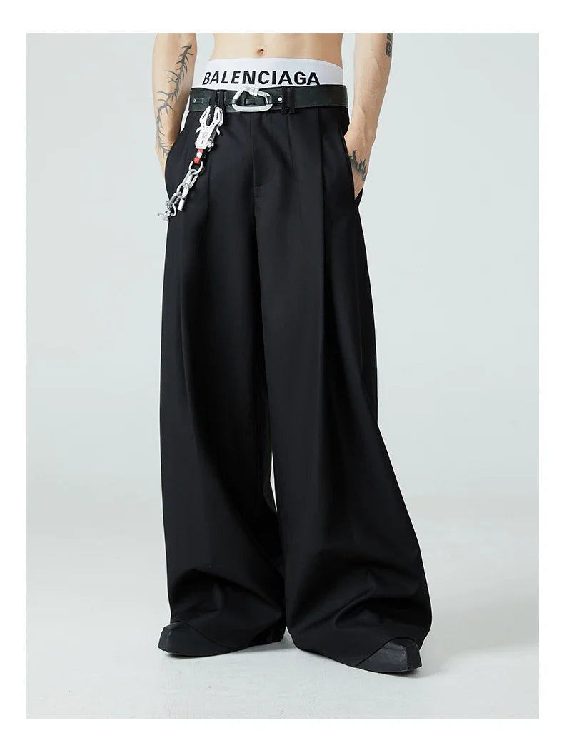Men's Black High Streetwear Baggy Pleated Wide Leg Trousers