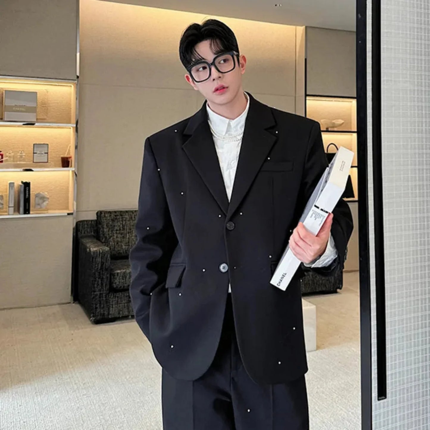 Men's Black Modern-Fit Beaded Suit Set