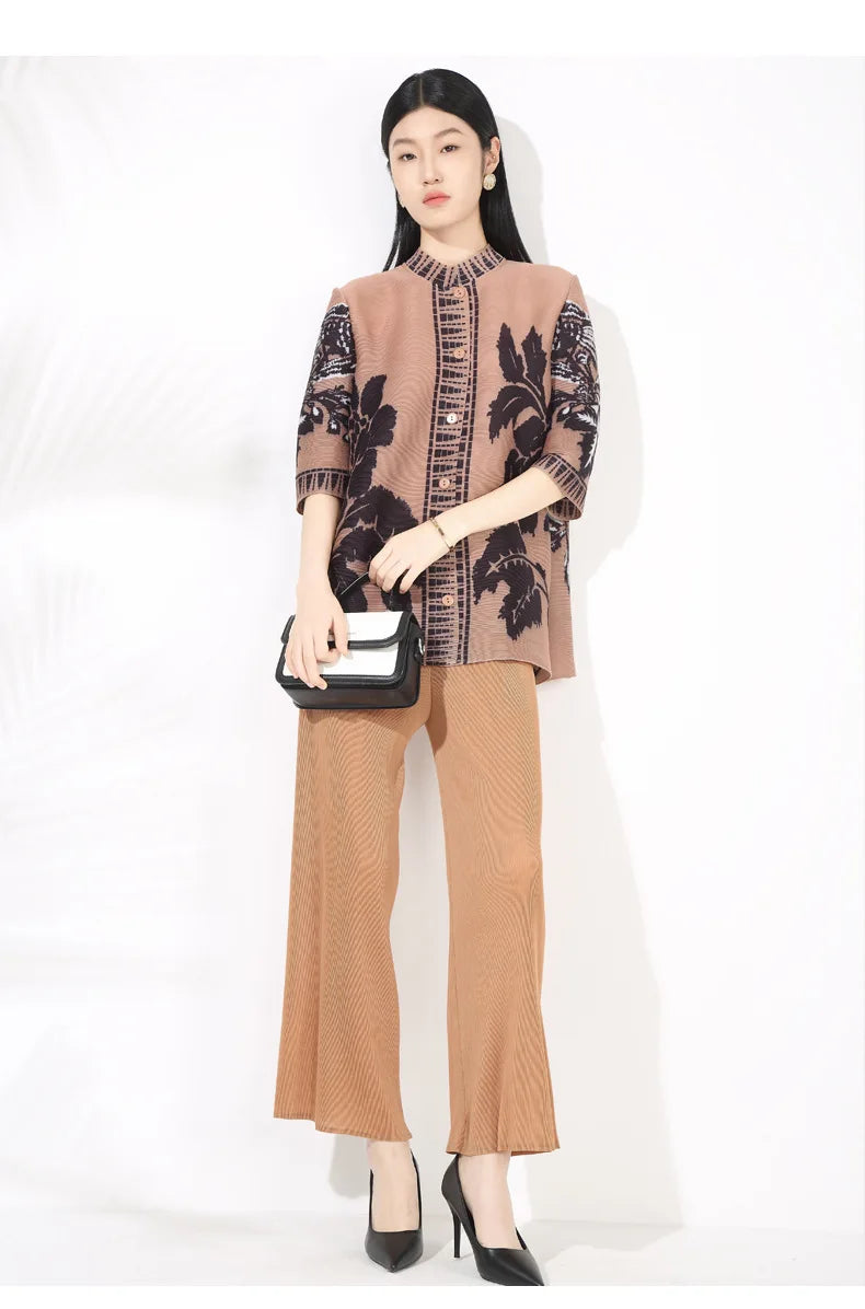 Plissé Set - Floral Top & Pleated Palazzo Pant