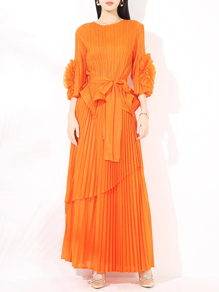 High-End Pleated Midi Skirt Set - Statement Sleeves