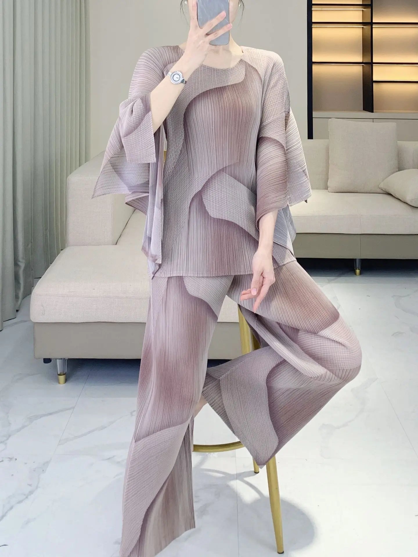 Luxe Japanese Pleats Pull-On Pants & Top Co-Ord Set