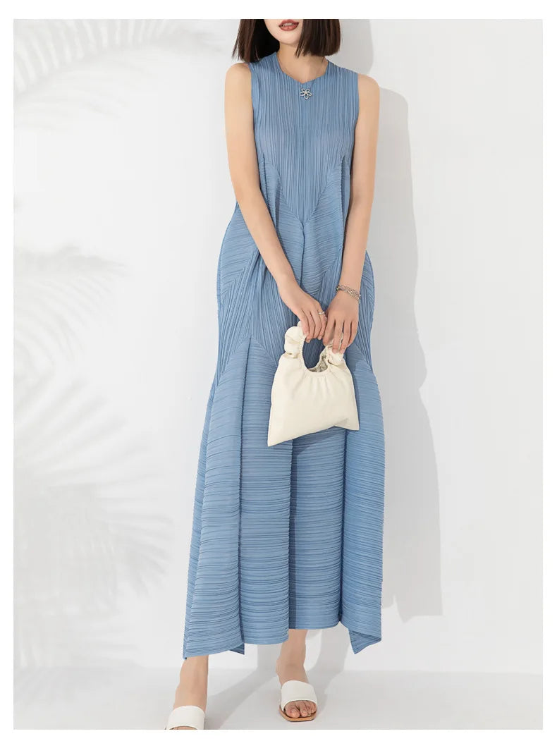 Japanese Pleated Midi Dress - Sleeveless