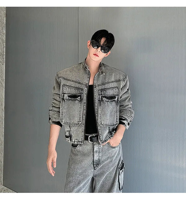 Men's 2 Piece Cargo Washed Denim Jacket & Jeans Set