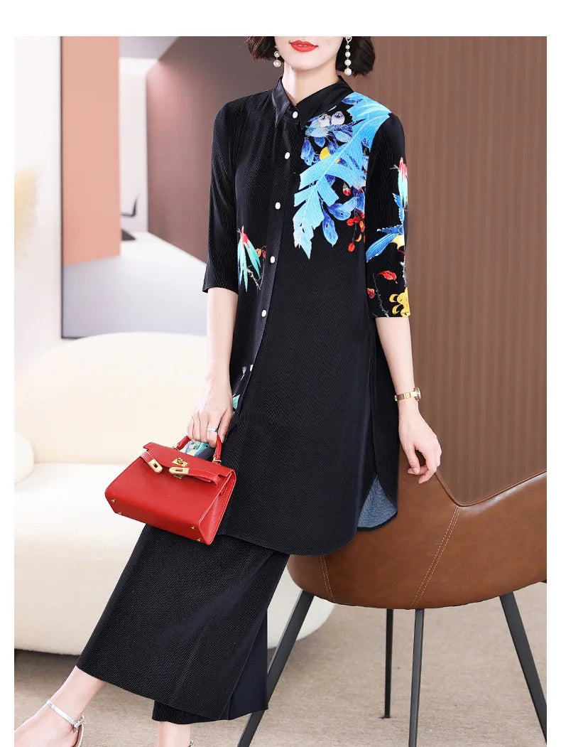 Luxe Botanical Print Pleated Tunic & Trouser Set