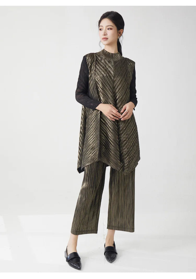 Metallic Pleated Tunic Top & Wide Leg Pants Set