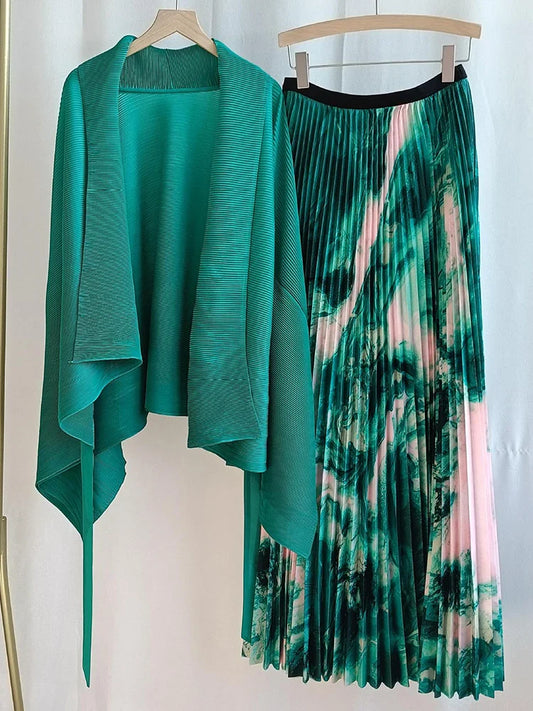 Pleated Tie-Front Duster & Skirt Set